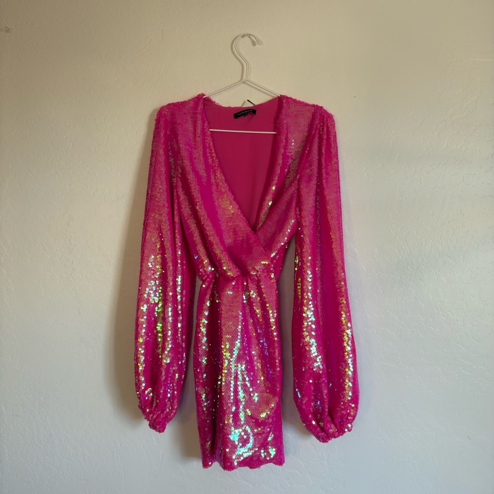 NADINE MERABI Izzie Sequin Wrap Pink Dress